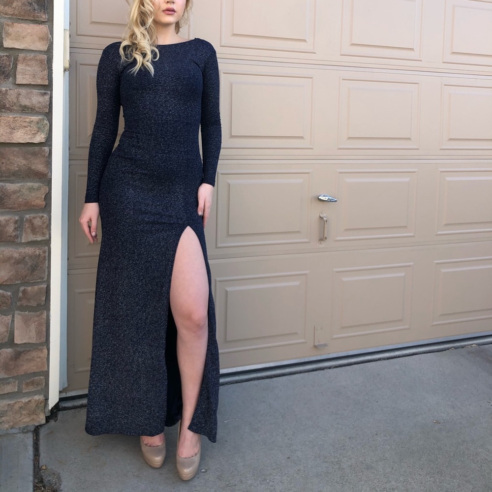 Sparkly dark blue long split dress